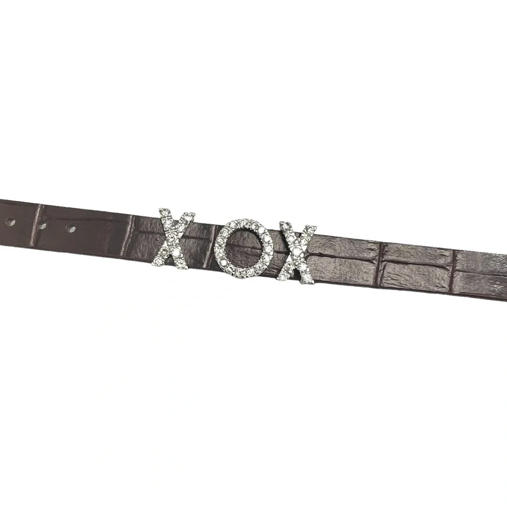 STERLING & CRYSTAL “XOX” SLIDERS ON BROWN BUCKLE BRACELET